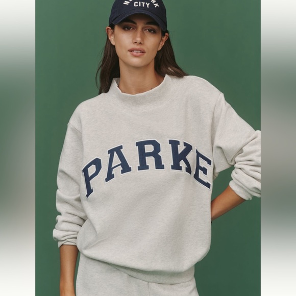 Parke Tops - PARKE Back to School Varsity Mockneck Sweatshirt Heather Grey and Denim XXL